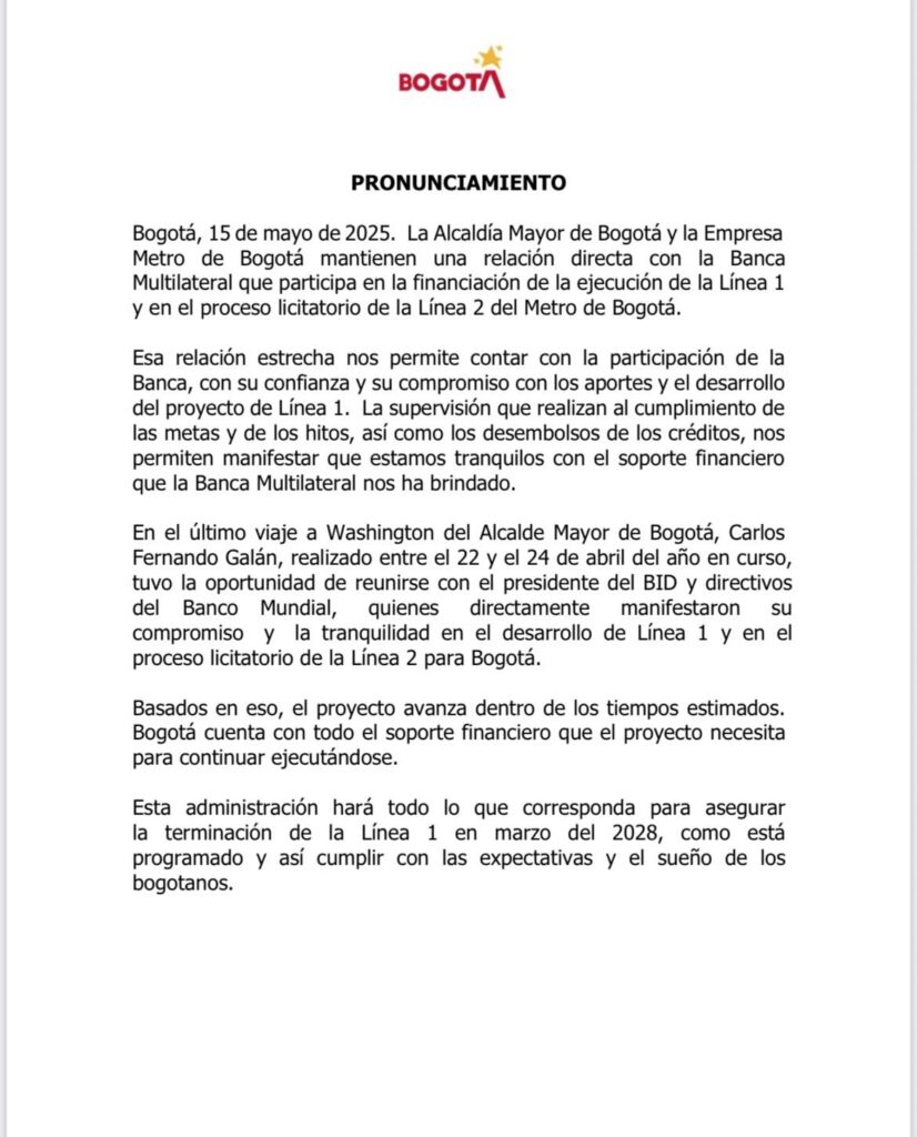 Alcaldía de Bogotá asegura continuidad del Metro pese a advertencia de EE. UU. 2 GrBRCKIXAAE0Bzy