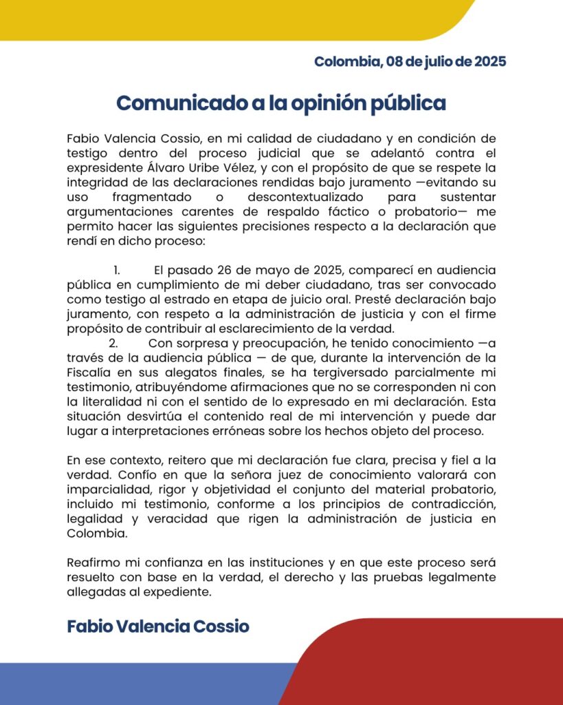Fabio Valencia Cossio denuncia tergiversación de su testimonio en juicio contra Álvaro Uribe 3 WhatsApp Image 2025 07 08 at 2.12.27 PM